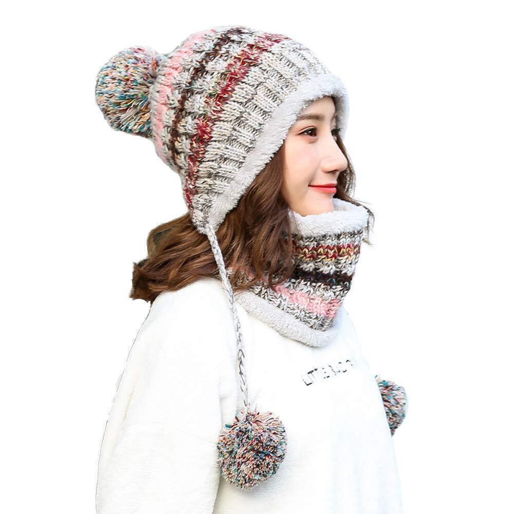 5590 Fleece Lined Beanie Scarf Mask Set Winter Knit Ear Flaps Hat
